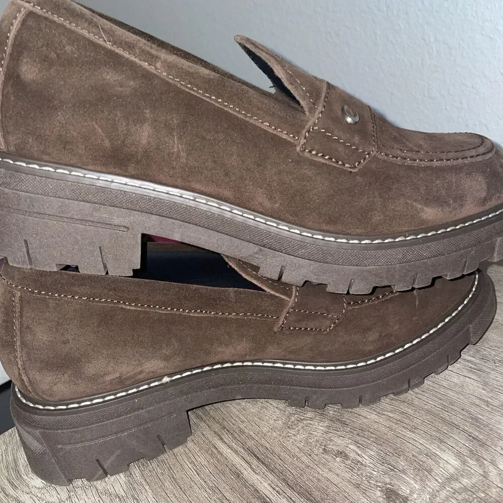 La Canadienne Suede Leather Lug Sole Platform Italy Penny Loafer Brown 10 VNC